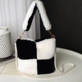 Plush Pearl Chain Checkerboard Bag