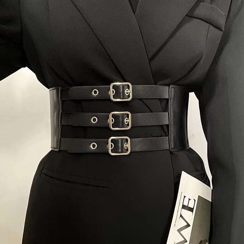 Retro Triple Buckle Elastic Waist Belt