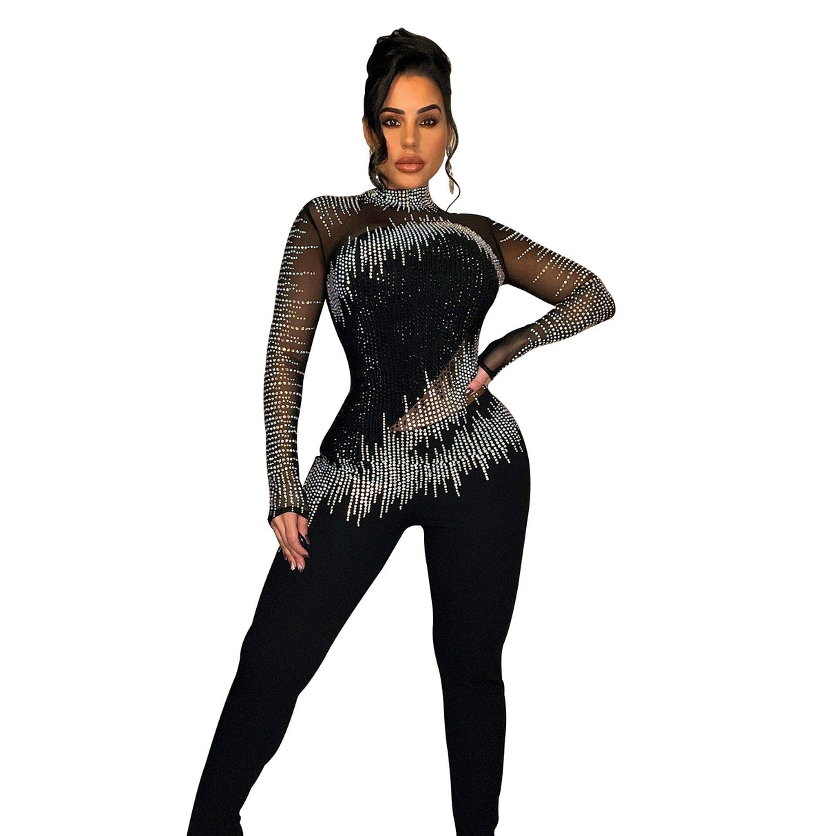 Rhinestone Mesh Long-sleeved Jumpsuit