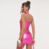 Lala Halter Metallic Drawstring Skirt Set