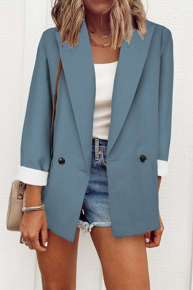 Chic Solid Color Suit Collar Loose Blazer