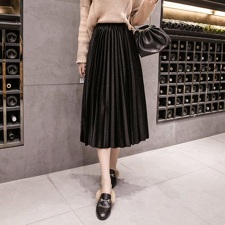 Golden Velvet Pleated A-Line Midi Skirt