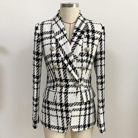 Checkered Chic Wool Double-Breasted Blazer