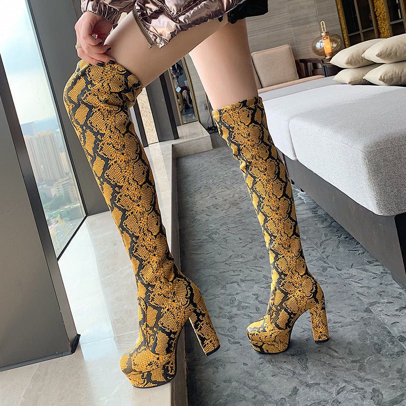 Seductive Snake Print Thigh-High Boots