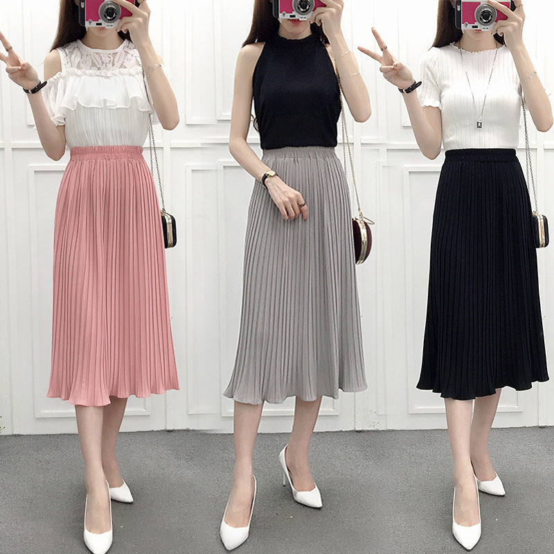 Pleated Ruffle Elastic Midi Skirt