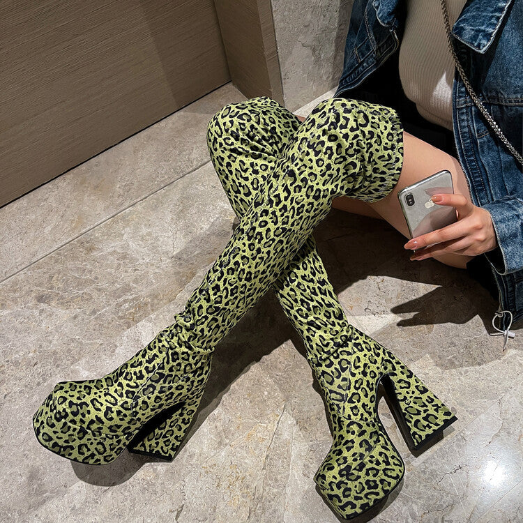 Flirty Leopard Print Chunky Heel Knee High Boots