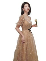 Starry Night Puff Sleeve Evening Dress