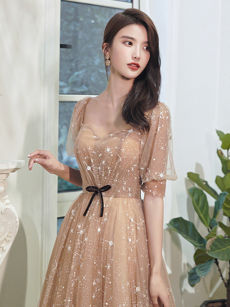 Starry Night Puff Sleeve Evening Dress