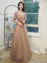 Starry Night Puff Sleeve Evening Dress