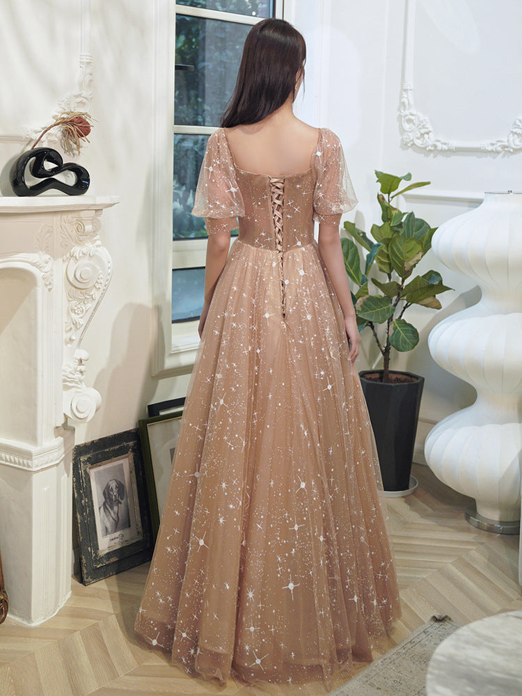 Starry Night Puff Sleeve Evening Dress