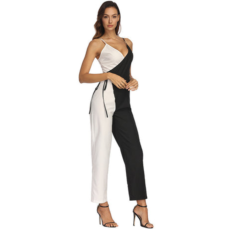 Black and White Color Block Suspender Jumpsuit