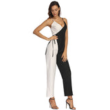 Black and White Color Block Suspender Jumpsuit