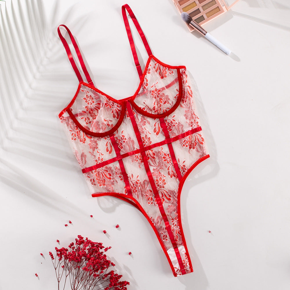 Lace Mesh Embroidery Flowers Body Shaping Bodysuit Lingerie