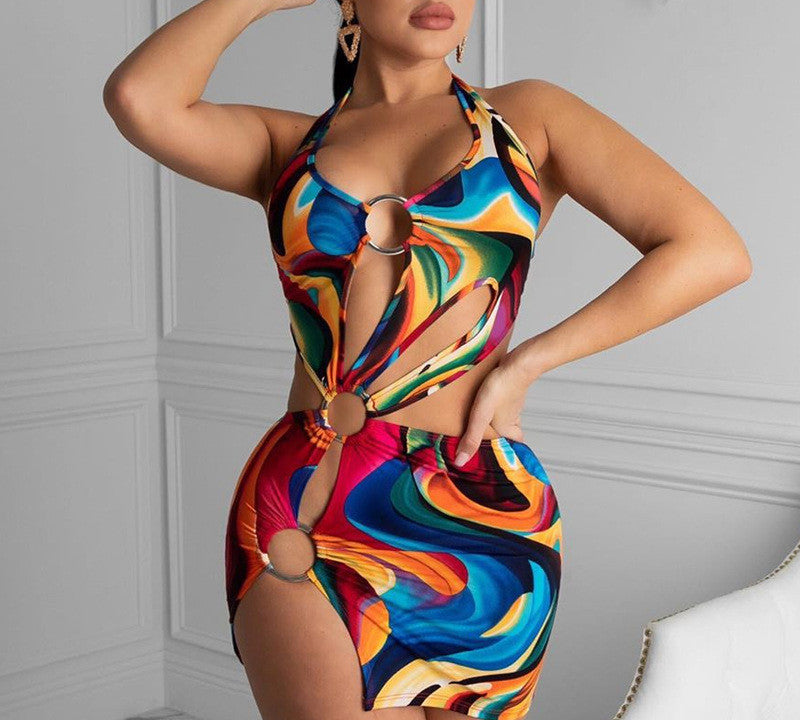 Color Swirl Halter Mini Dress