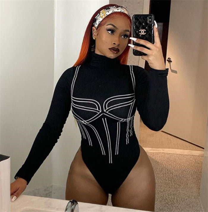 Seductive Striped Mid-Waist Black Bodysuit