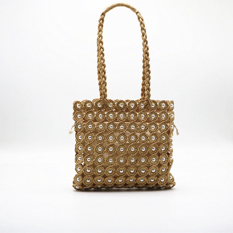 Pearl-Embellished Woven Handbag