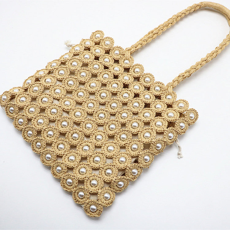 Pearl-Embellished Woven Handbag