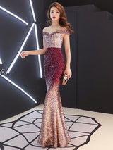 Aura Sequined Off Shoulder Sequined Evening Dress