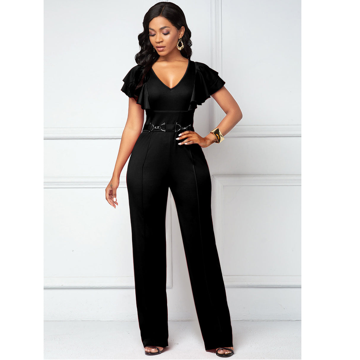 V-Neck Long-Sleeved Casual Jumpsuit