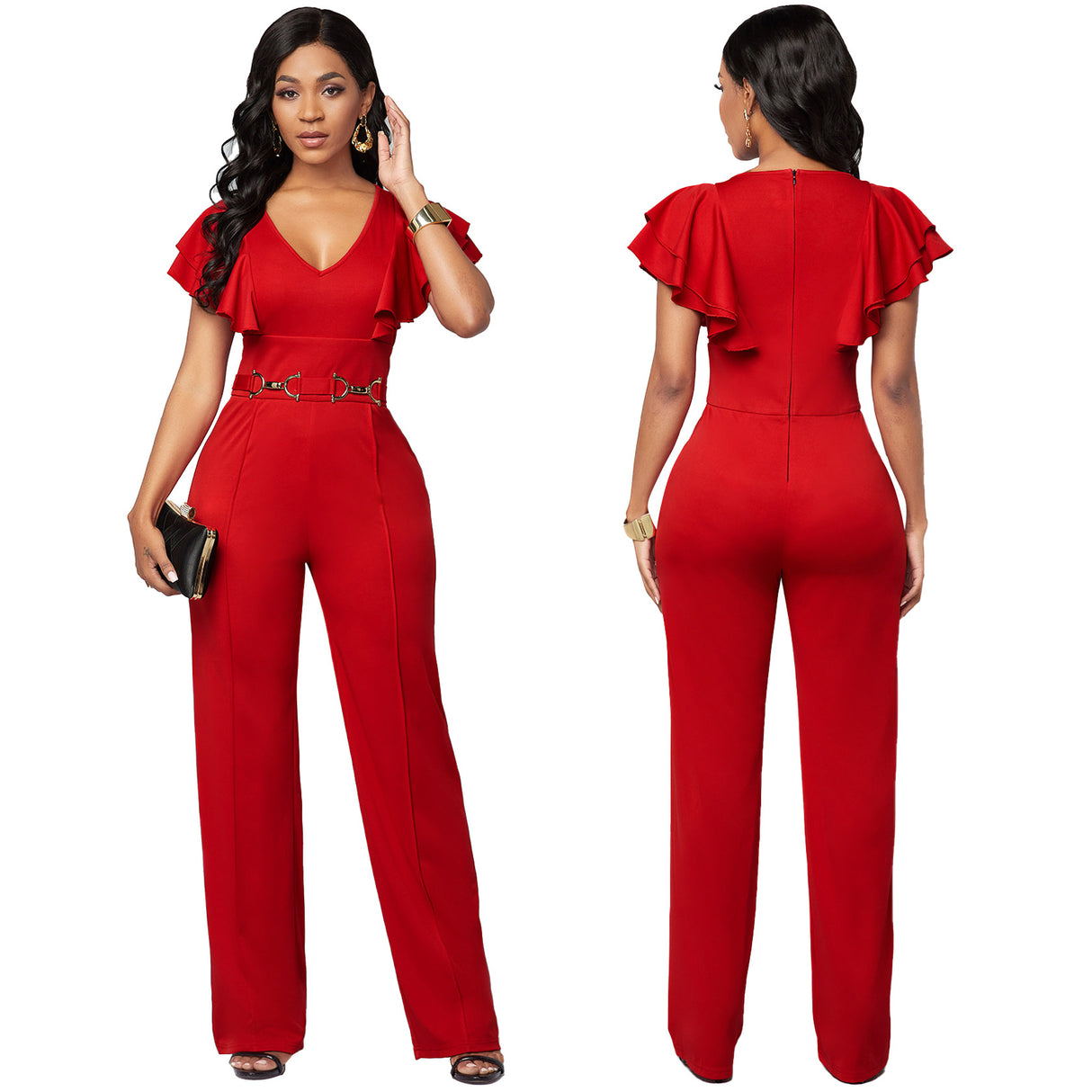 V-Neck Long-Sleeved Casual Jumpsuit