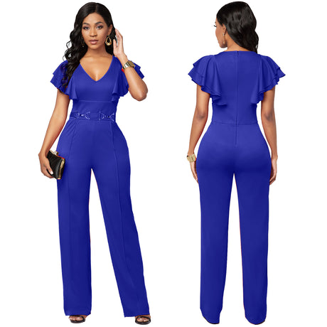 V-Neck Long-Sleeved Casual Jumpsuit