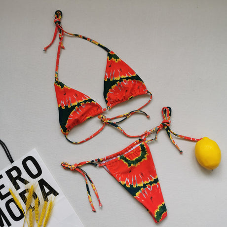 Multicolor Split Swimsuit Halter Tie Bikini