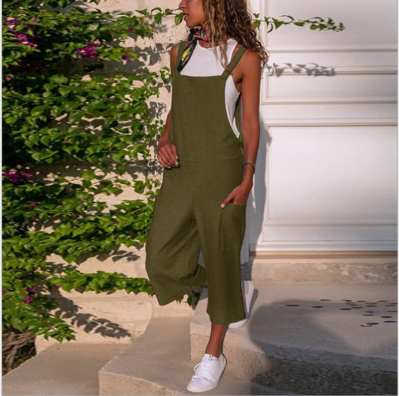 Cotton Blend Loose Fit Bib Jumpsuit