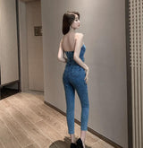 Slim Fit Denim High-Waisted Trousers Jumpsuit