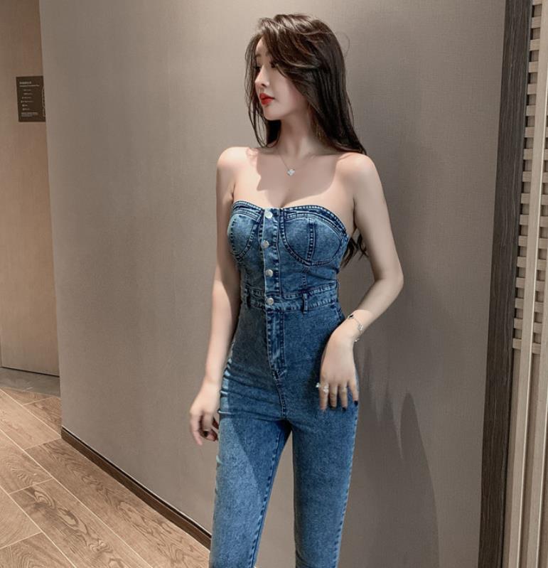 Slim Fit Denim High-Waisted Trousers Jumpsuit