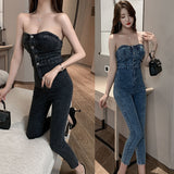 Slim Fit Denim High-Waisted Trousers Jumpsuit