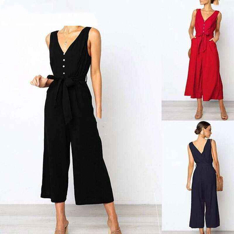 V Neck Wide Legged Jumpsuit