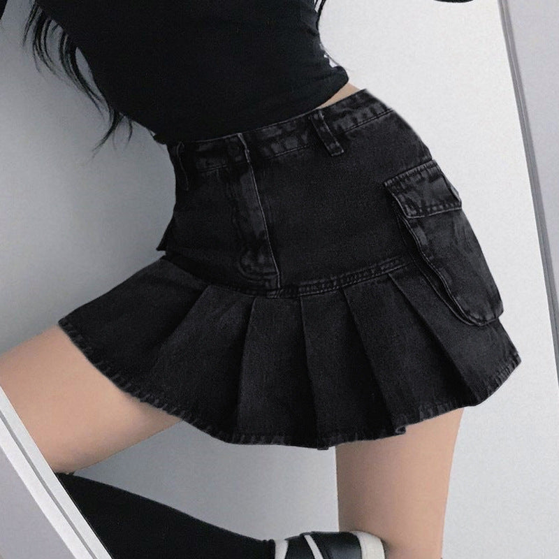 Denim Fusion Pleated High Waist Skirt