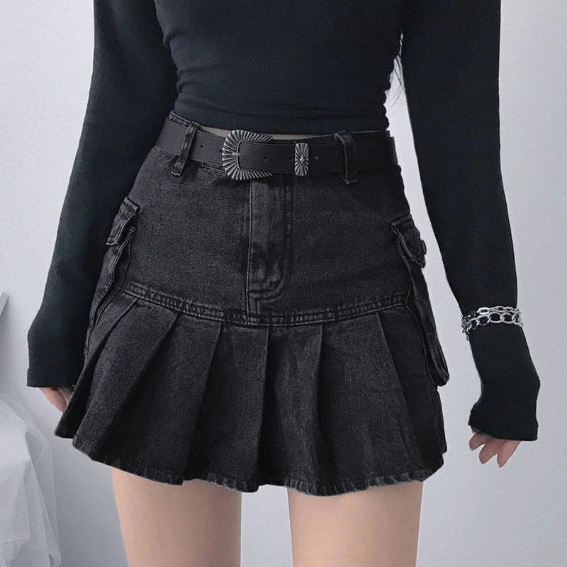 Denim Fusion Pleated High Waist Skirt