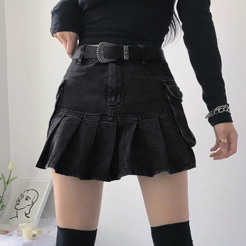 Denim Fusion Pleated High Waist Skirt