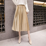 Golden Velvet Pleated A-Line Midi Skirt