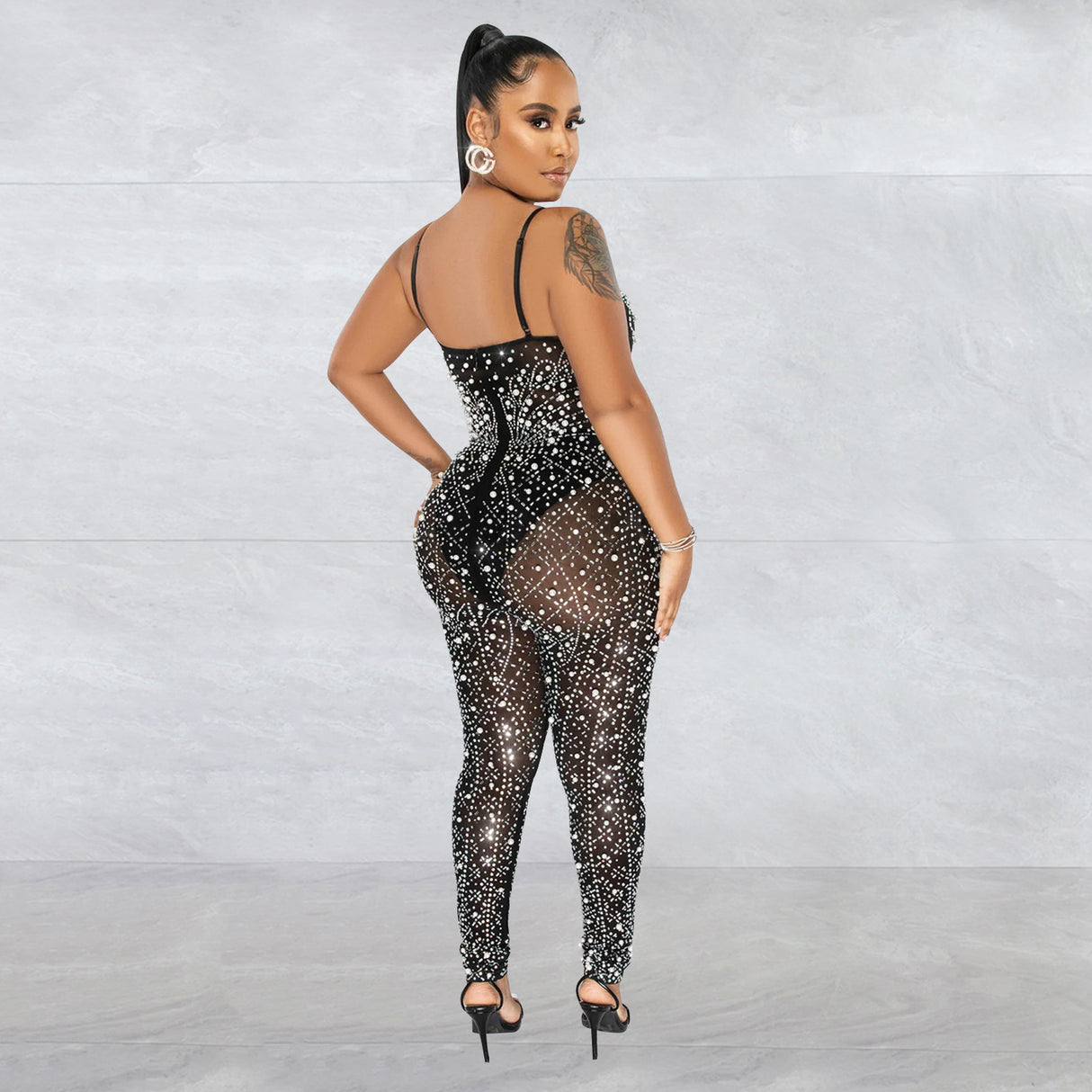 Rhinestone Mesh Sleeveless Trousers Jumpsuit