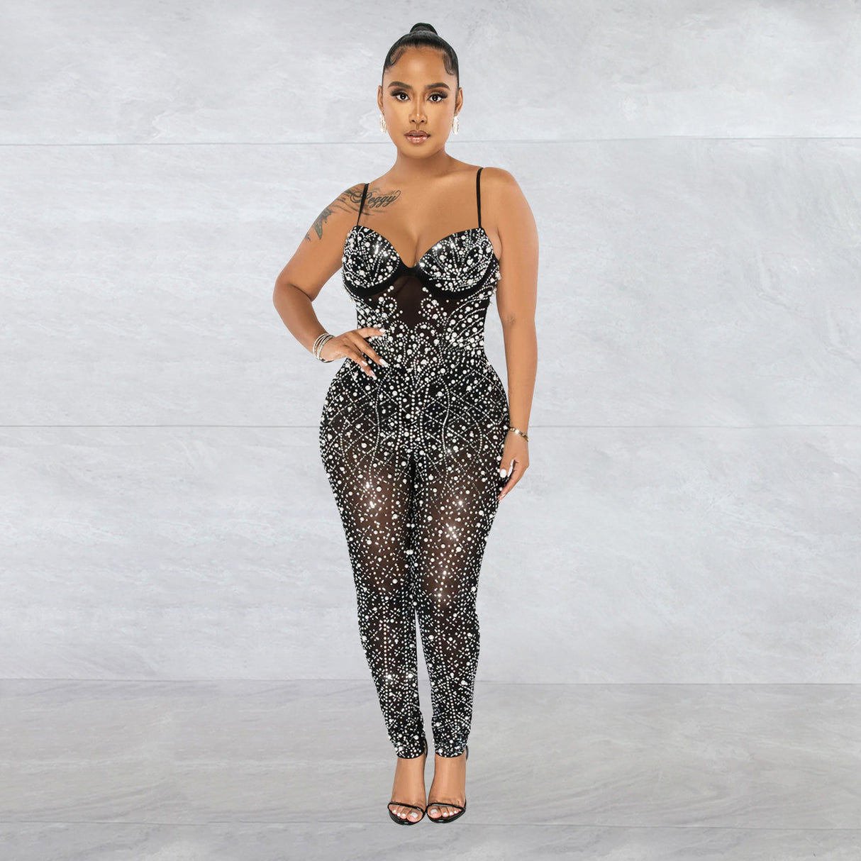 Rhinestone Mesh Sleeveless Trousers Jumpsuit