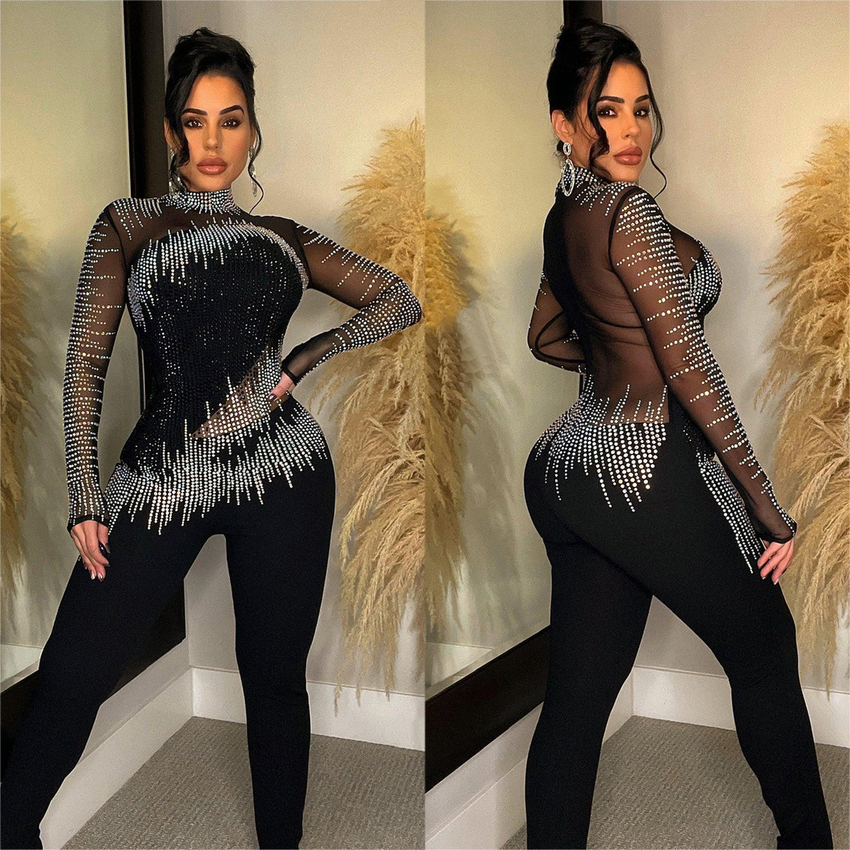 Rhinestone Mesh Long-sleeved Jumpsuit