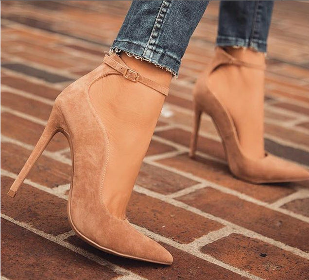 Suede Buckle Pointed Super High Heels