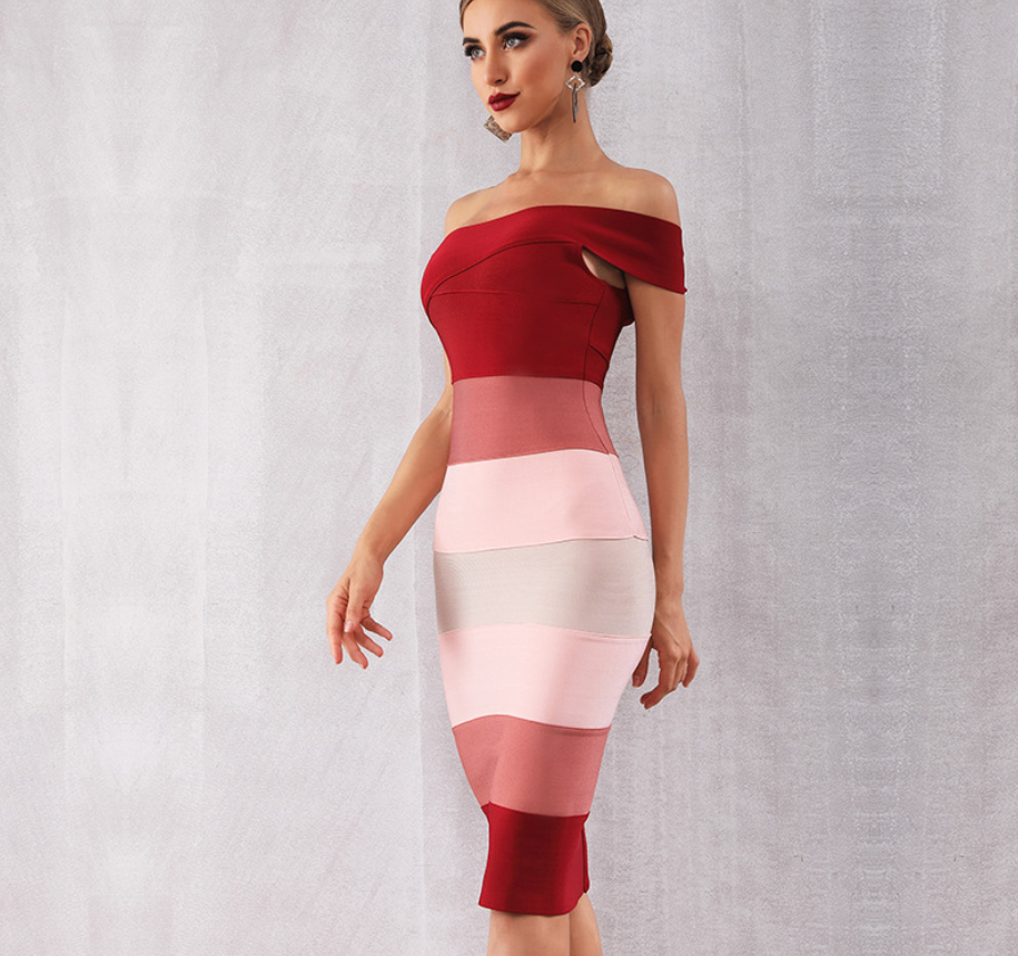 Victoria One Shoulder Striped Bandage Midi Dress