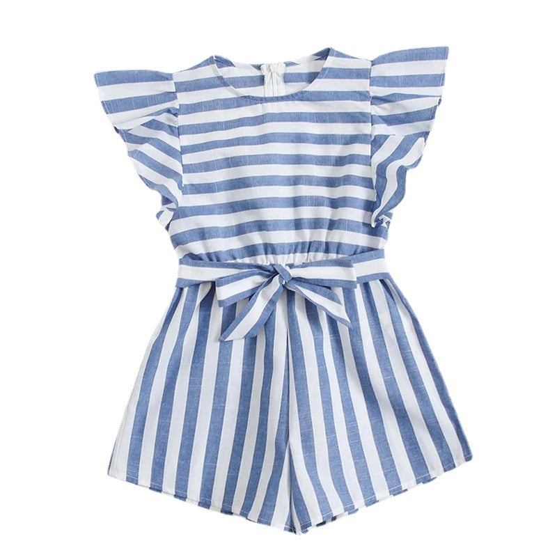 Ella Striped Fly Sleeve Belted Blue Romper