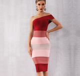 Victoria One Shoulder Striped Bandage Midi Dress