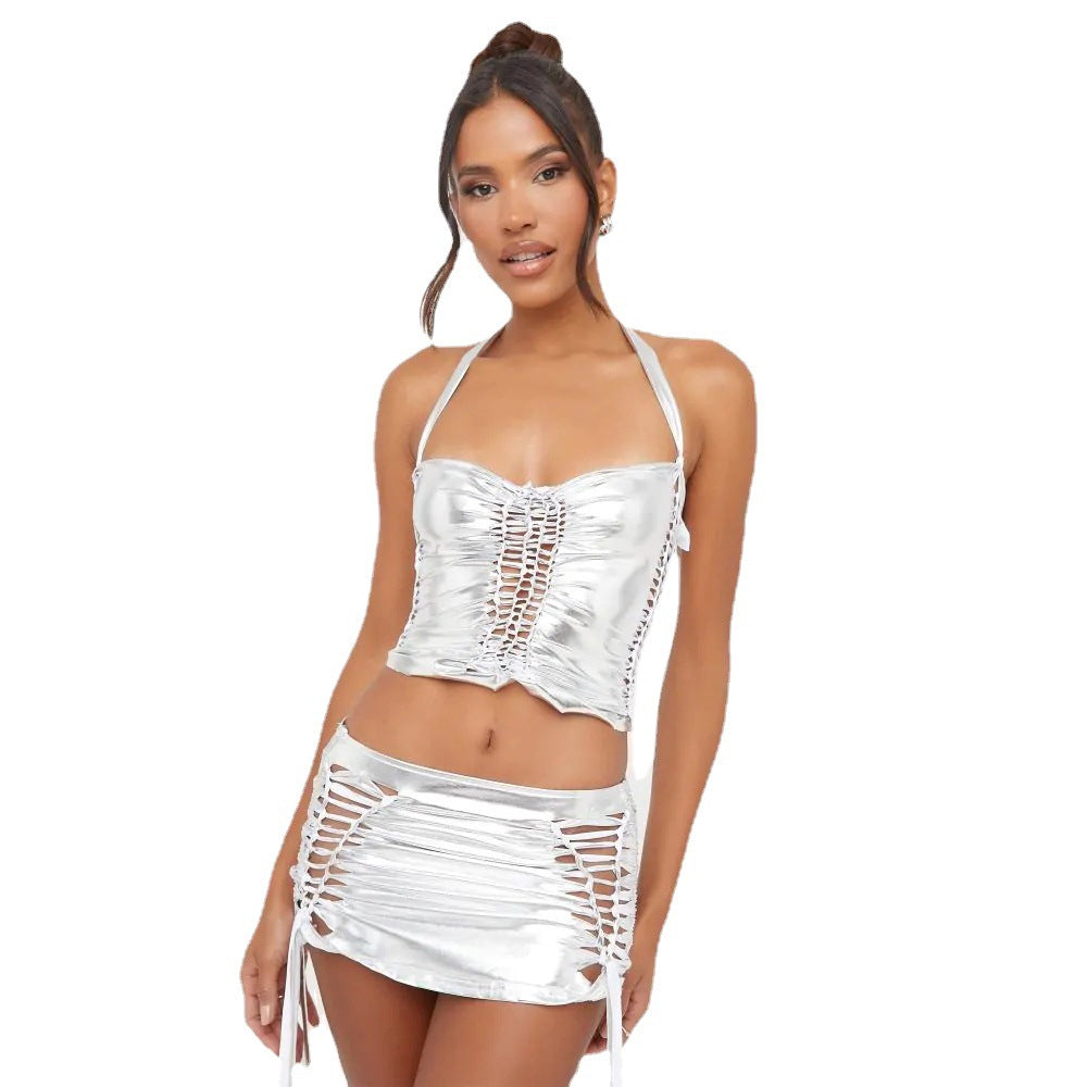 Lala Halter Metallic Drawstring Skirt Set