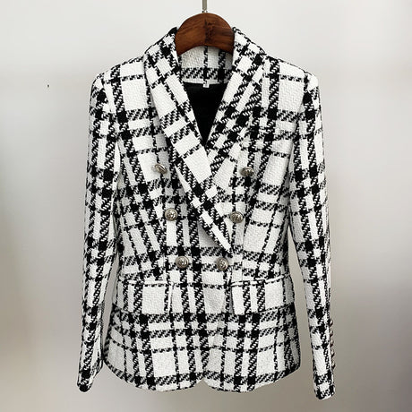 Checkered Chic Wool Double-Breasted Blazer