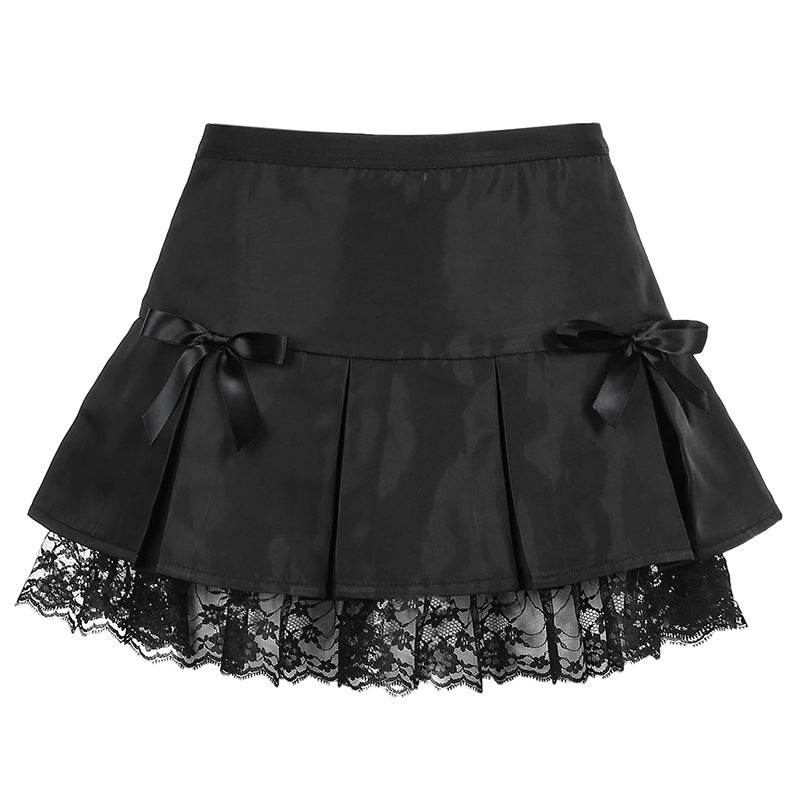 Dark Pleated Lace Stitching Skirt