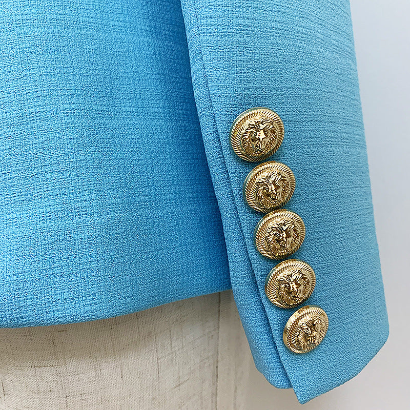 Metal Lion Button Double-Breasted Linen Blazer