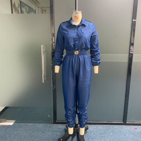 Blue Belted Long Sleeve Overall Jumpsuit