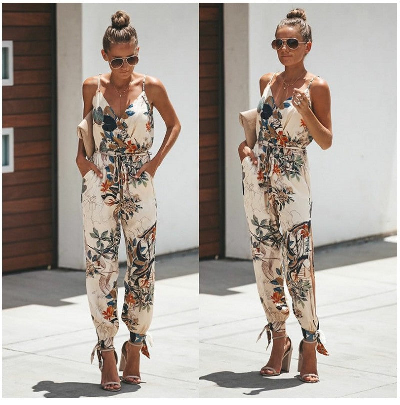 Floral Print Cotton Spaghetti Strap Jumpsuit