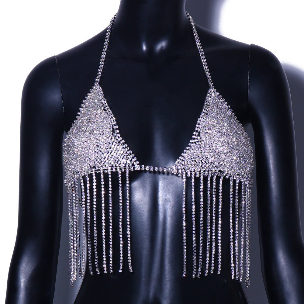 Geometric Rhinestone Tassel Chest Chain - Body Jewelry