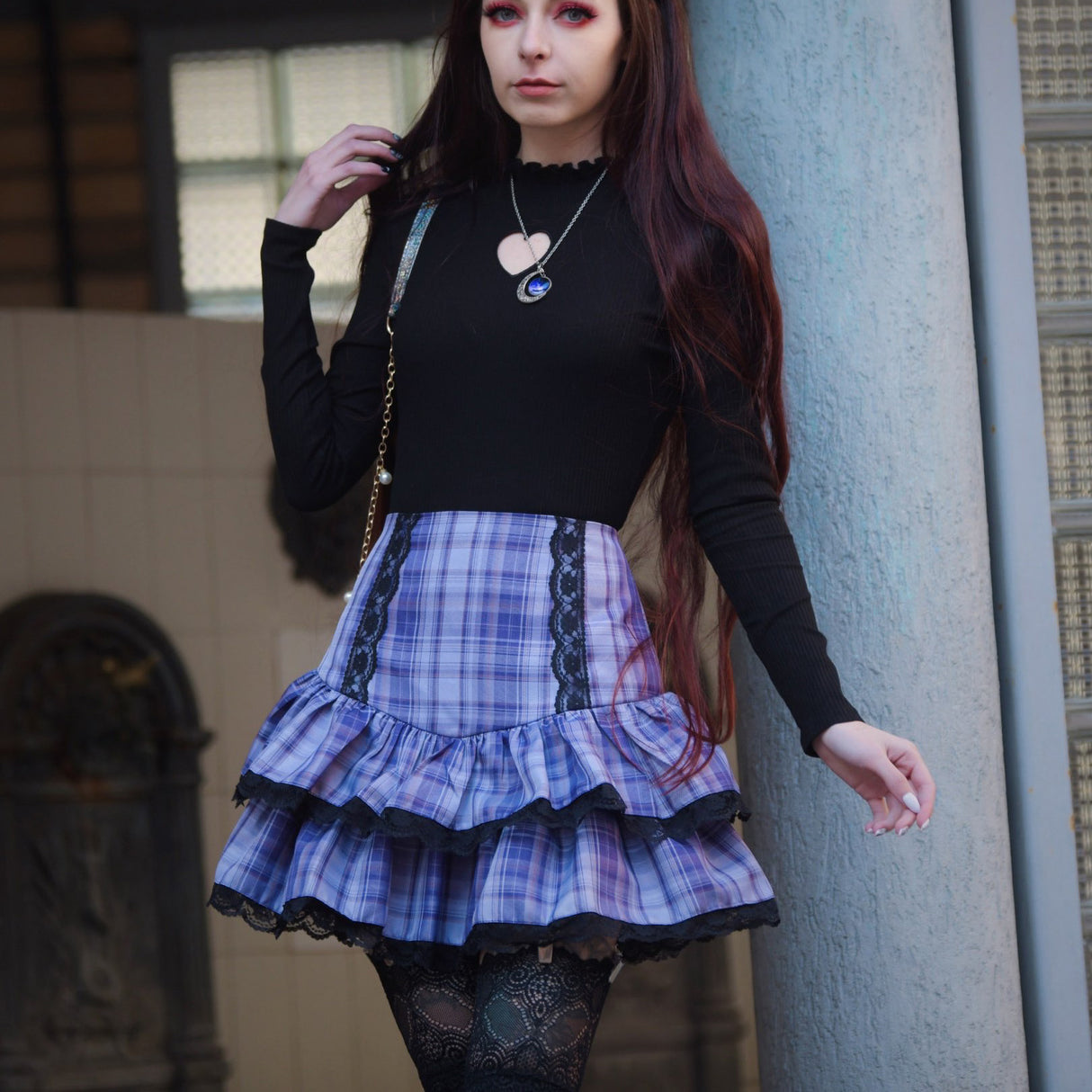 Lace Plaid Pleated High Waist Skirt